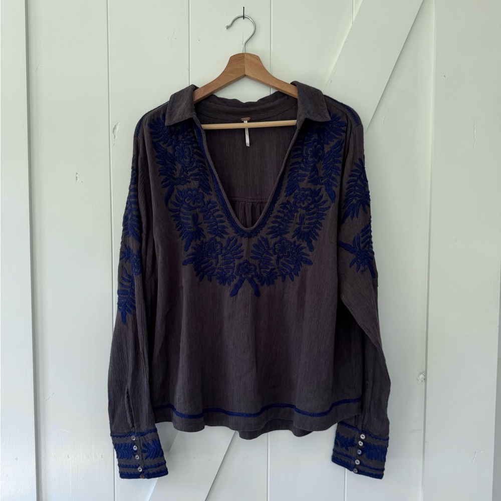 Free People Embellished Blue and Gray Long Sleeve Blouse